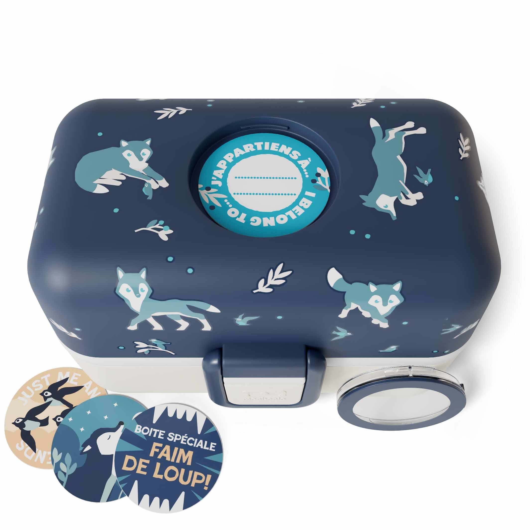 MonBento Tresor Wolf Jausenbox mit wechselbaren Buttons – individuell anpassbare Kinder Lunchbox.
