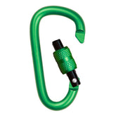 Grüner Karabiner mit Schraubverschluss in Nahaufnahme.