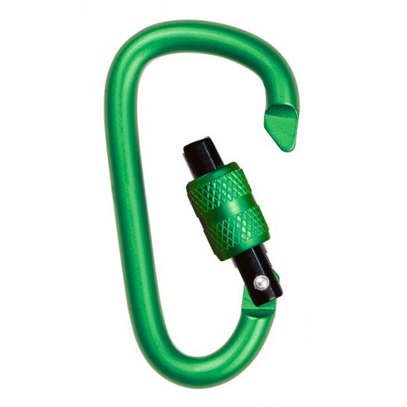 Grüner Karabiner mit Schraubverschluss in Nahaufnahme.