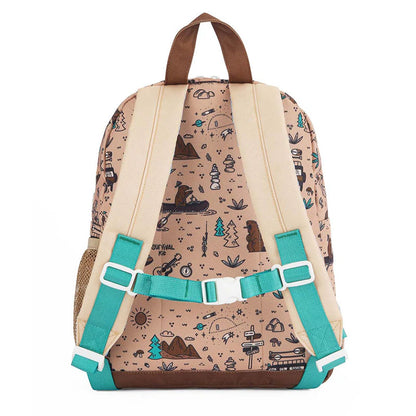 Rückansicht des Kinder-Rucksacks mit verstellbaren, beige-grünen Trägern und Waldmotivdruck.