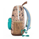 Seitenansicht des Rucksacks mit Netzseitentasche und hellblauen gepolsterten Trägern.