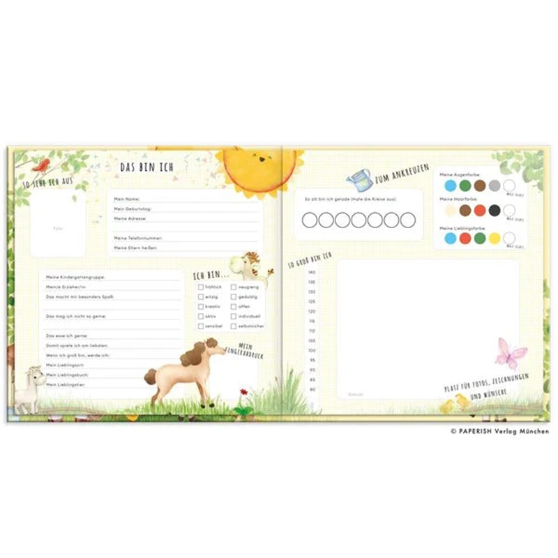 Kindergarten Freunde – Freundebuch Doppelseite ‚Das bin ich‘ mit Steckbrief und Pony-Illustration