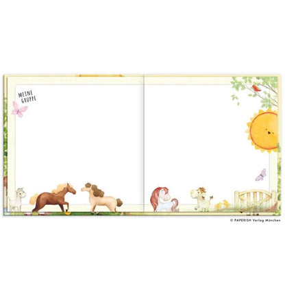 Kindergarten Freunde – Freundebuch Doppelseite ‚Meine Gruppe‘ mit Pferde-Illustrationen und Sonne