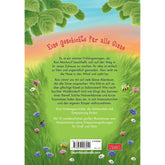 Buchrückseite von „Komm mit Rosi Maulwurf auf Traumreise“. Beschreibung der Geschichte vor einem Hintergrund aus Wiese, Blumen und Himmel.