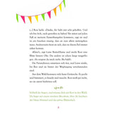 Buchseite. Textseite mit bunten Wimpeln am oberen Rand und Erzähltext über Rosi und ihre Reise.