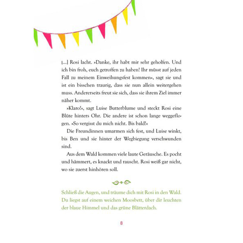 Buchseite. Textseite mit bunten Wimpeln am oberen Rand und Erzähltext über Rosi und ihre Reise.