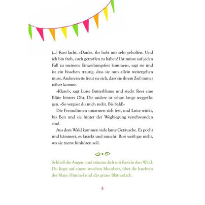 Buchseite. Textseite mit bunten Wimpeln am oberen Rand und Erzähltext über Rosi und ihre Reise.