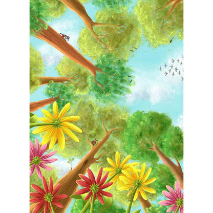 Buchseite. Illustration eines Waldes aus der Froschperspektive mit hohen Bäumen und großen bunten Blumen, keine Figuren sichtbar.