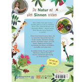 Buchrückseite von „Komm, wir gehen raus!“. Vorstellungstext zum Buch, dekoriert mit Naturmotiven wie Blättern, Käfern, Schnecken und Bastelideen.