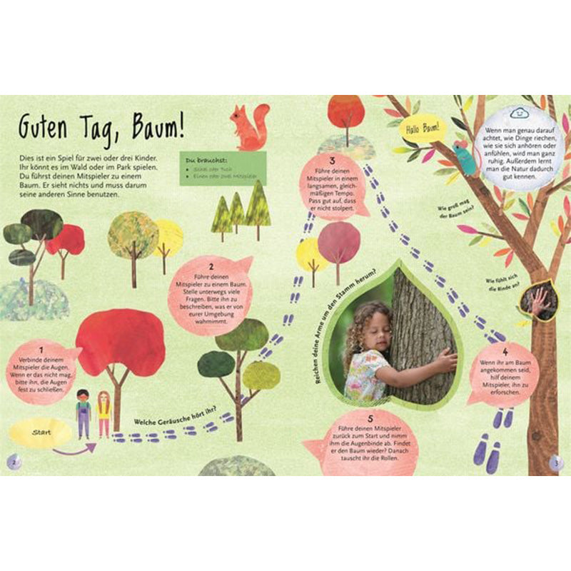Buchinnenseite „Guten Tag, Baum!“. Mitmachseite mit einem Naturspiel für Kinder, großer Baumgrafik und kindgerechten Illustrationen.