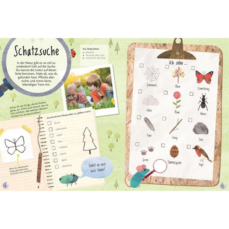 Buchinnenseite „Schatzsuche“. Illustration mit Suchliste zum Ankreuzen, kleinen Zeichnungen von Naturgegenständen und Foto von Kindern beim Entdecken.