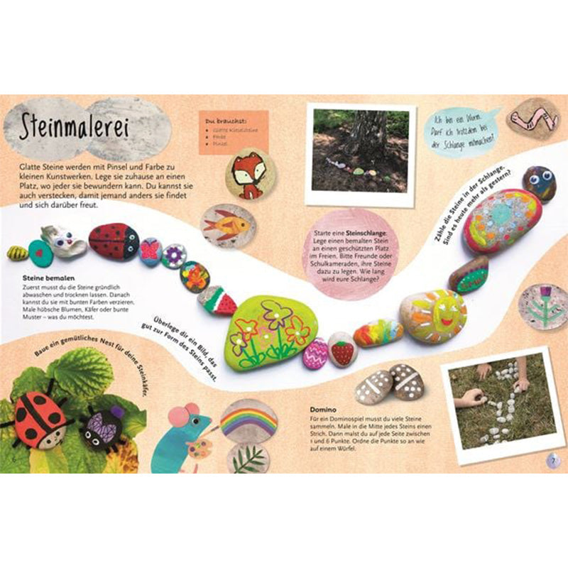 Buchinnenseite „Steinmalerei“. Anleitung zum Bemalen von Steinen mit vielen bunten Beispielen und kindgerechten Basteltipps.