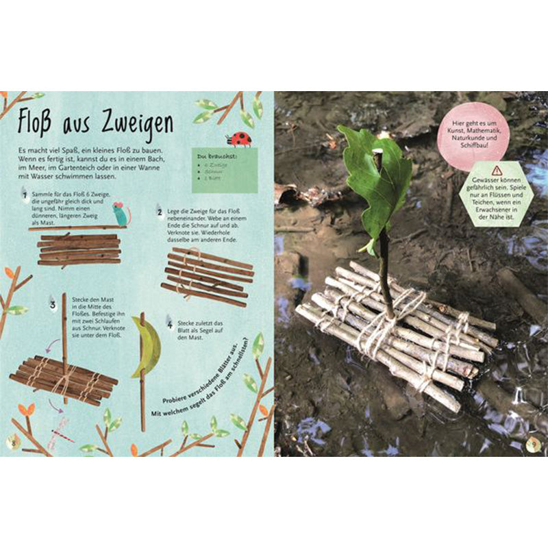 Buchinnenseite „Floß aus Zweigen“. Schritt-für-Schritt-Anleitung zum Bau eines Mini-Floßes mit Naturmaterialien, daneben Foto eines Floßes im Wasser.