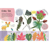 Buchinnenseite „Grünes Volk“. Kreatividee zum Basteln von Naturfiguren aus Blättern, Zweigen und Blüten, mit vielen fröhlichen Beispielen.