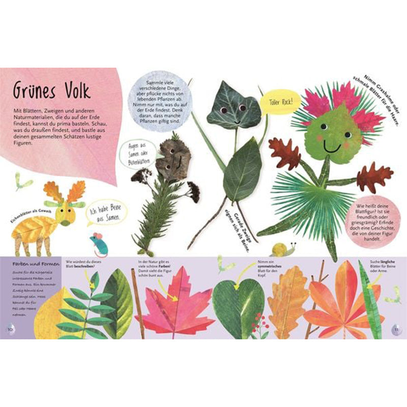 Buchinnenseite „Grünes Volk“. Kreatividee zum Basteln von Naturfiguren aus Blättern, Zweigen und Blüten, mit vielen fröhlichen Beispielen.