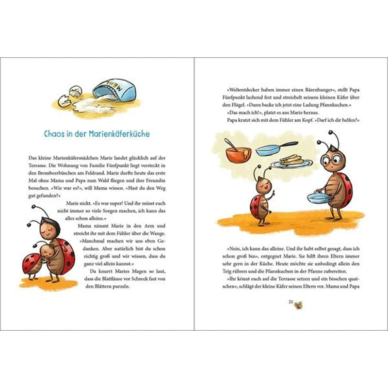 Innenseite mit Geschichte „Chaos in der Marienkäferküche“, zeigt Marienkäferfamilie beim Pfannkuchenbacken.