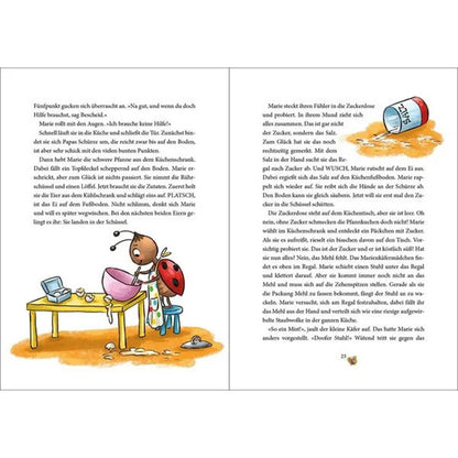 Marienkäfermädchen Marie in der Küche mit Backzubehör, während Zucker und Salz verwechselt werden.