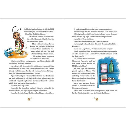 Szene mit Marienkäferkind inmitten eines Küchenchaos, das schließlich von den Eltern getröstet wird.