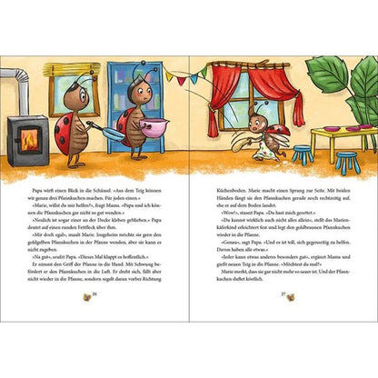 Marienkäferfamilie backt gemeinsam Pfannkuchen, Marie hilft mit Freude und rettet am Ende das Malheur.