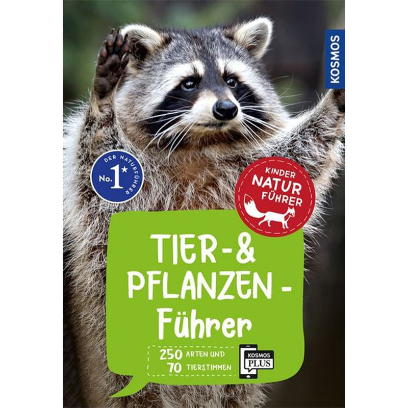 Buchcover „Tier- &amp; Pflanzenführer“ aus der Reihe Kinder Naturführer (Kosmos Verlag). Ein Waschbär mit erhobenen Pfoten ziert das Cover – der praktische Begleiter für junge Naturforscher mit 250 Arten und 70 Tierstimmen.