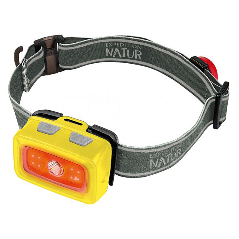 Gelbe LED-Stirnlampe mit grauem, verstellbarem Stirnband, Aufdruck „Expedition Natur“
