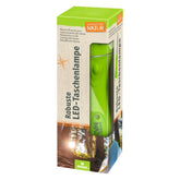 Verpackung der robusten LED-Taschenlampe aus der Reihe Expedition Natur von moses, grüne Lampe sichtbar im Karton.