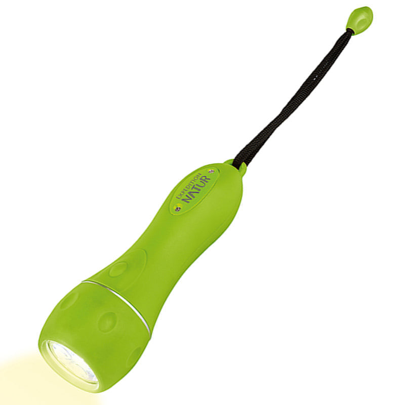 Grüne LED-Taschenlampe mit Handschlaufe, seitlich liegt der Schriftzug Expedition Natur.