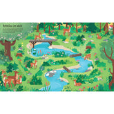 Innenseite mit Rehkitzen
– Illustration eines Waldes mit einem Bachlauf, Brücken, Rehen und Rehkitzen, die zwischen Bäumen und Wiesen spielen oder trinken.