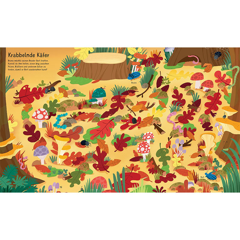 Innenseite mit Käfern
– Bunte Waldszene mit vielen Krabbelkäfern zwischen Herbstlaub, Pilzen, Zweigen und Baumstümpfen.