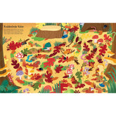 Innenseite mit Käfern
– Bunte Waldszene mit vielen Krabbelkäfern zwischen Herbstlaub, Pilzen, Zweigen und Baumstümpfen.