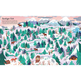 Innenseite mit Elchen im Winterwald
– Winterliche Landschaft mit Elchen zwischen verschneiten Tannen, Bergen im Hintergrund und einem Bach, der durch den Schnee fließt.