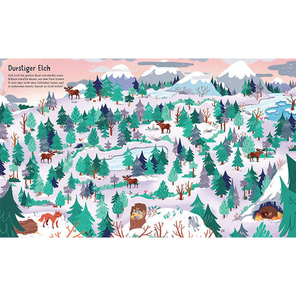 Innenseite mit Elchen im Winterwald
– Winterliche Landschaft mit Elchen zwischen verschneiten Tannen, Bergen im Hintergrund und einem Bach, der durch den Schnee fließt.