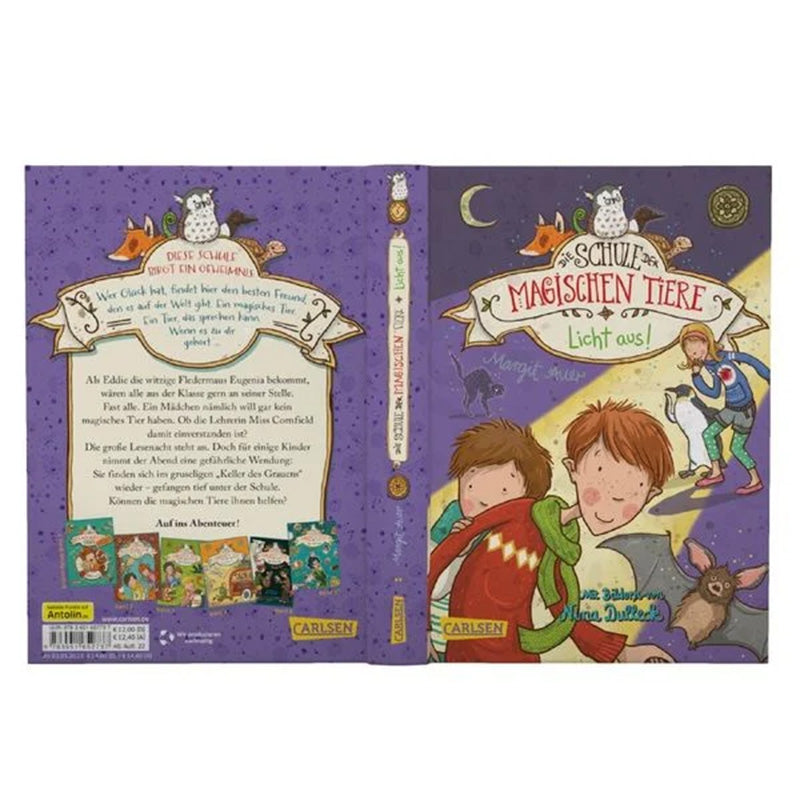 Buchrückseite und Umschlag: Gesamtabbildung des Buches mit Rückseite – zeigt Inhaltsbeschreibung, kleine Cover weiterer Bände und Illustrationen der Tiere.