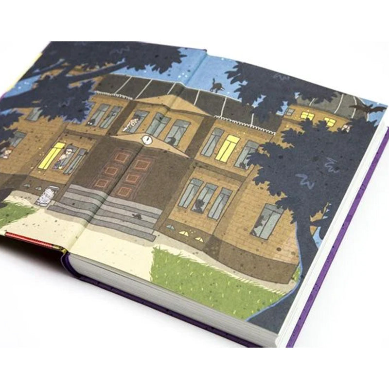 Buchseite: Farbillustration der Wintersteinschule bei Nacht – beleuchtete Fenster und Schatten der Tiere vor dem Gebäude.