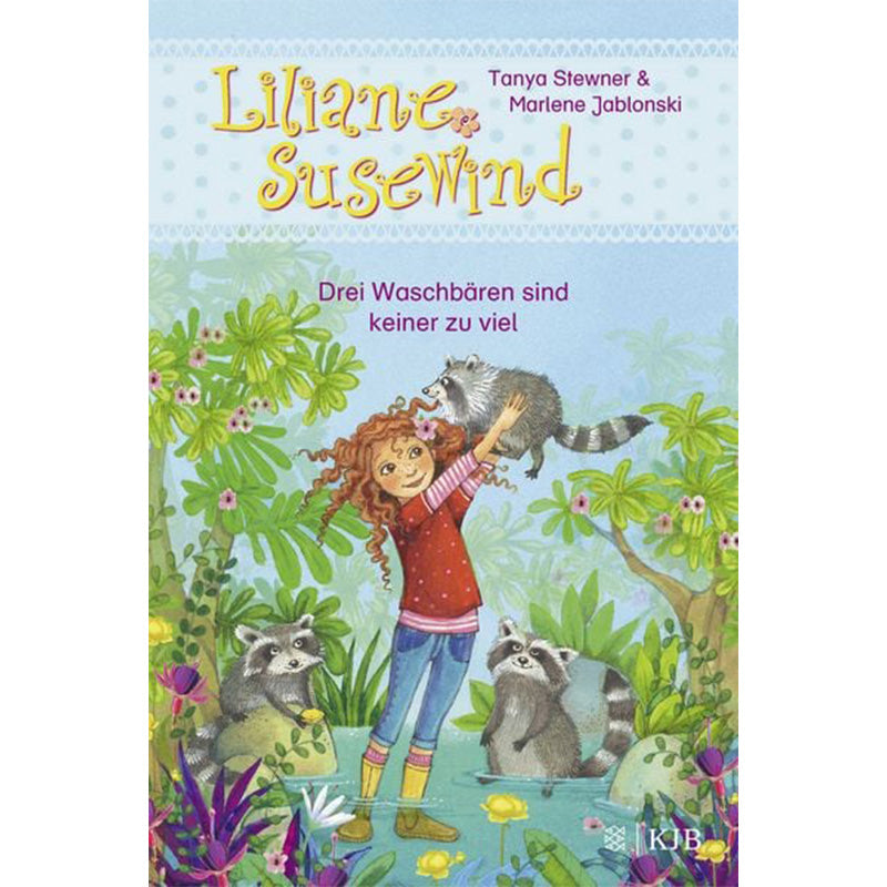 Buchcover: Ein Mädchen mit lockigen Haaren hält einen Waschbären hoch, zwei weitere Waschbären sitzen neben ihr im Grünen.