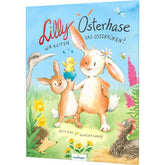 Buchcover: Titel „Lilly Osterhase – Wir retten das Osterküken!“, zeigt zwei Hasen mit einem kleinen gelben Küken in einem Ei, umgeben von Frühlingsblumen und Tieren.