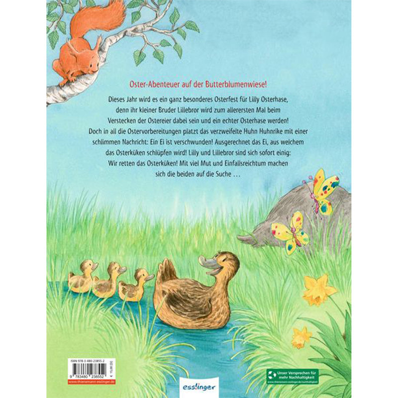 Buchrückseite: Eine Ente mit drei Küken schwimmt in einem Teich, ein Eichhörnchen sitzt im Baum, dazu der Klappentext zur Geschichte über Lilly Osterhase.