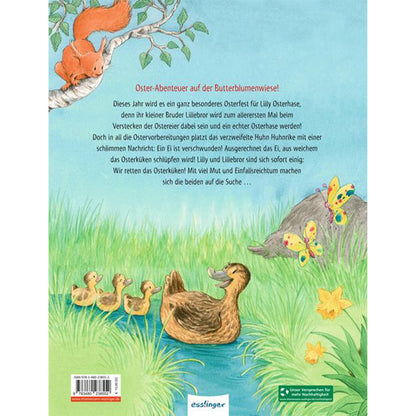 Buchrückseite: Eine Ente mit drei Küken schwimmt in einem Teich, ein Eichhörnchen sitzt im Baum, dazu der Klappentext zur Geschichte über Lilly Osterhase.