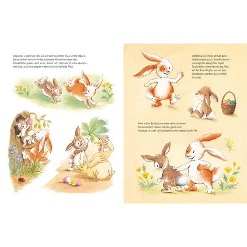 Buchseite: Lilly und ihr Bruder Lillibert üben Hoppeln und Verstecken; sie entdecken Eier und spielen mit anderen Tieren auf der Wiese.