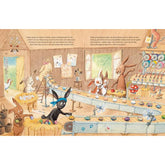 Buchseite: In einer Osterhasenwerkstatt bemalen Hasen Eier auf einem Fließband, während Lilly und Lillibert zusehen und helfen.