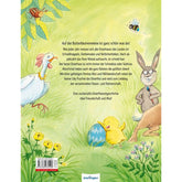 Buchrückseite des Kinderbuchs „Lilly Osterhase“ mit Beschreibung der Geschichte und Illustrationen von Huhn, Küken und Osterhasen.