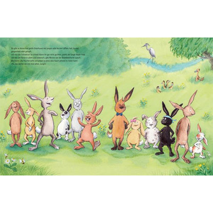 Buchseite aus „Lilly Osterhase“, auf der verschiedene Osterhasen in einer Reihe auf einer Wiese stehen.