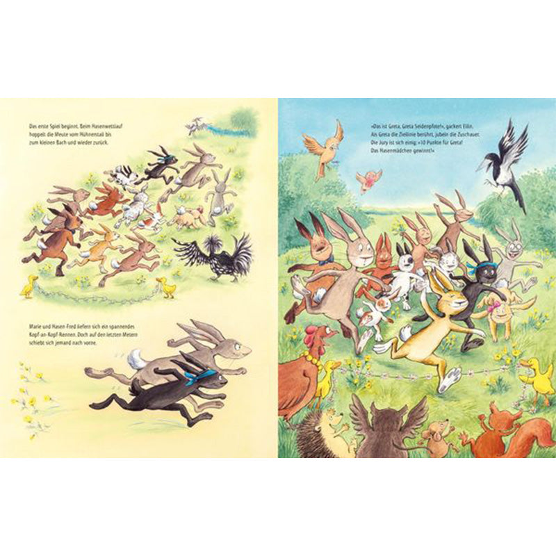 Buchseite aus „Lilly Osterhase“, auf der viele Hasen bei einem schnellen Rennen über eine Frühlingswiese laufen.