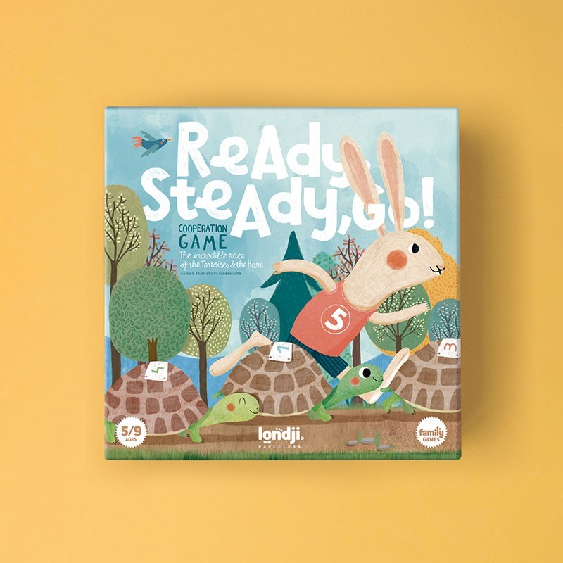 Ready, Steady, Go! Familienspiel Verpackung mit Hase und Schildkröte Illustration