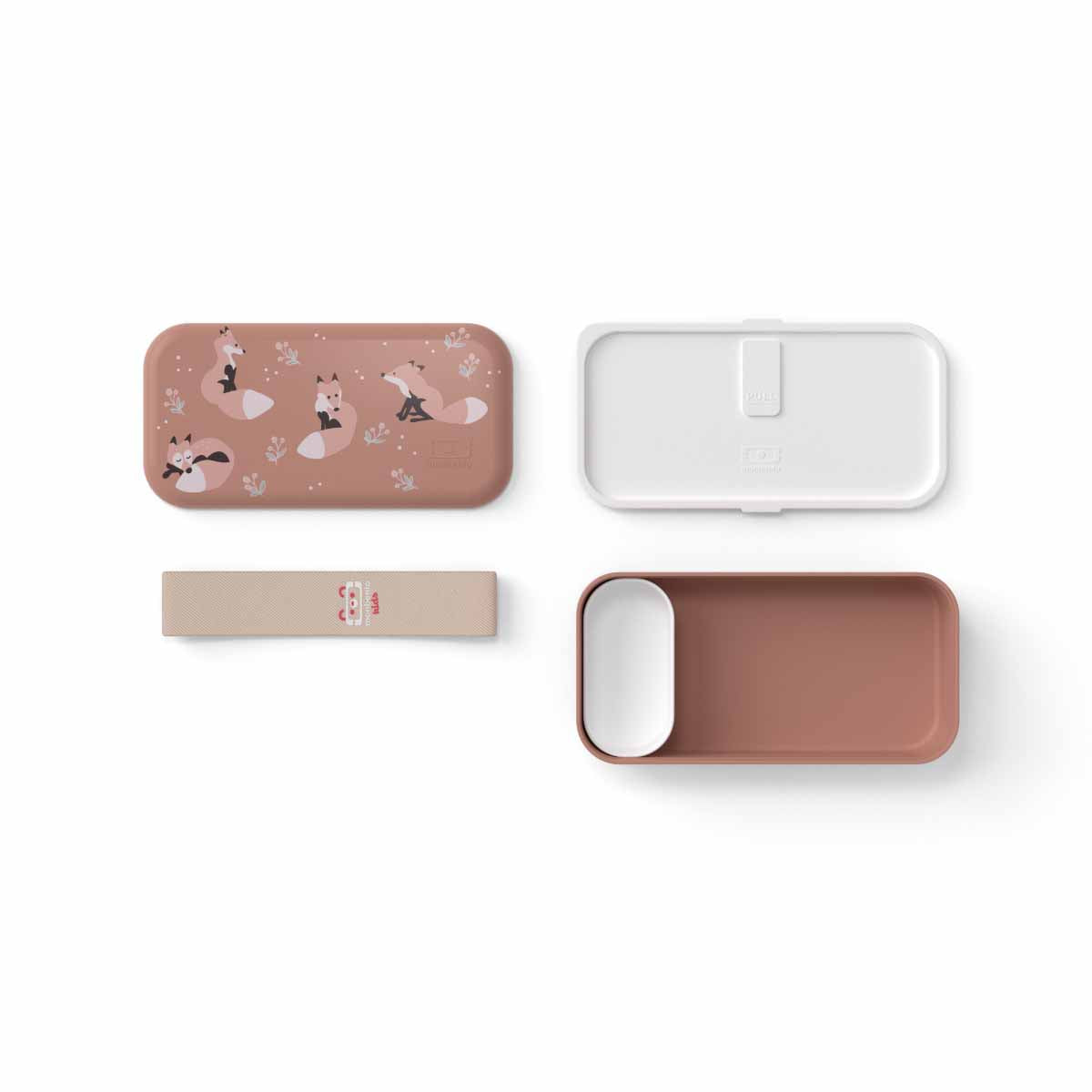Einzelteile der MonBento Füchse Lunchbox nebeneinander – hochwertige Kinder Bentobox mit weißer Zusatzbox und praktischer Aufteilung.