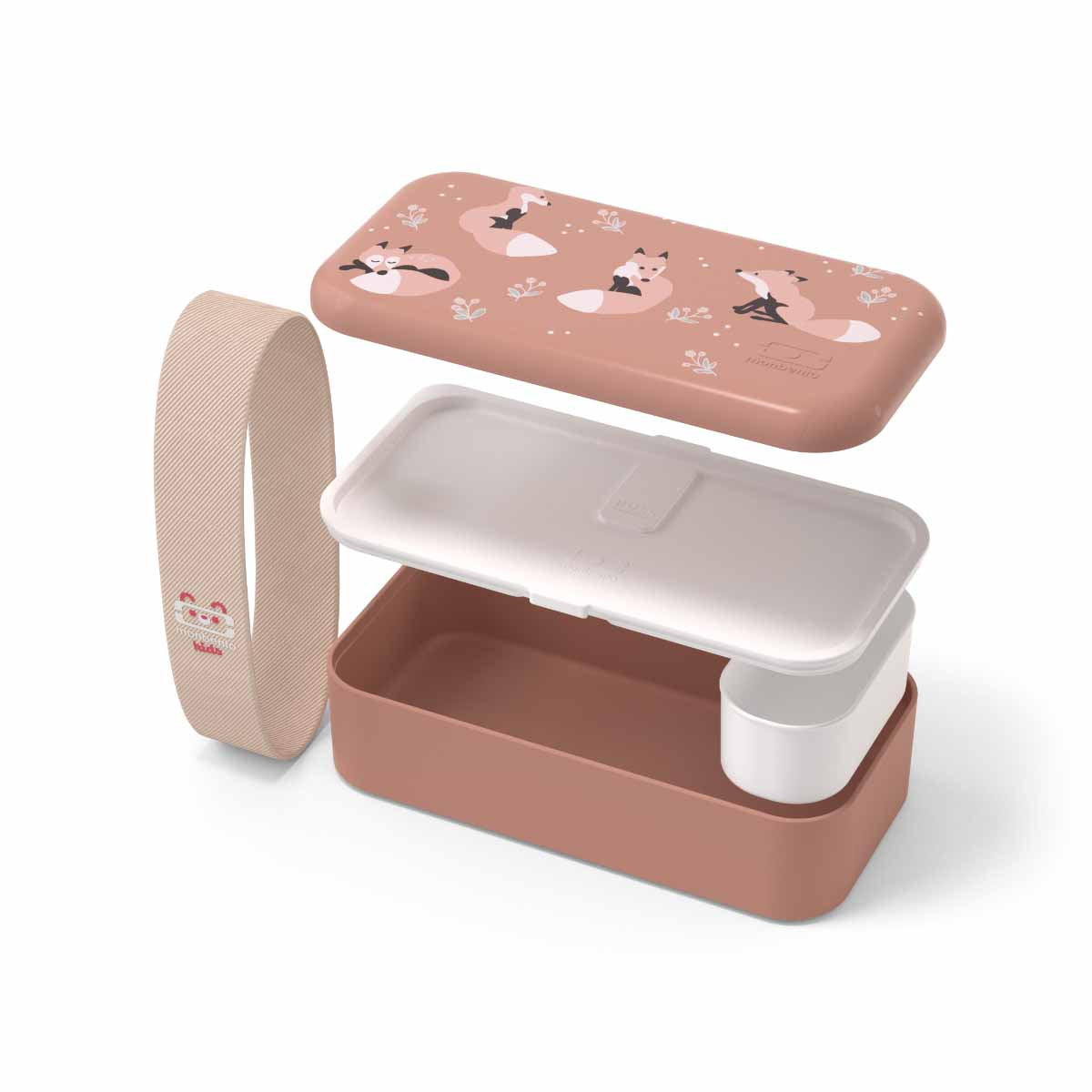 Gestapelte MonBento Füchse Lunchbox mit allen Komponenten – extra Innenschale, Zwischendeckel und Hauptbox platzsparend kombiniert.