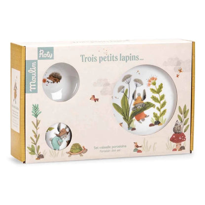 Trois Lapins Porzellan Kindergeschirr im Set – Geschenkbox mit Teller, Schüssel und Trinklernbecher