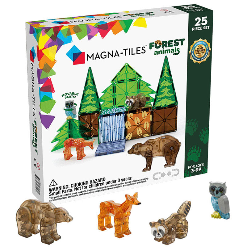 Verpackung des Magna-Tiles „Forest Animals“-Sets mit 25 Teilen, darunter transparente magnetische Platten und vier Waldtiere aus Kunststoff.