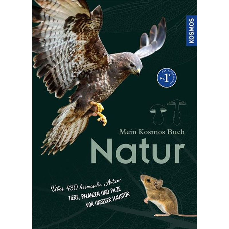Buchcover „Mein Kosmos Buch Natur“ – ein Greifvogel fliegt über dunklem Hintergrund, unten sitzt eine Maus.