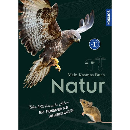 Buchcover „Mein Kosmos Buch Natur“ – ein Greifvogel fliegt über dunklem Hintergrund, unten sitzt eine Maus.